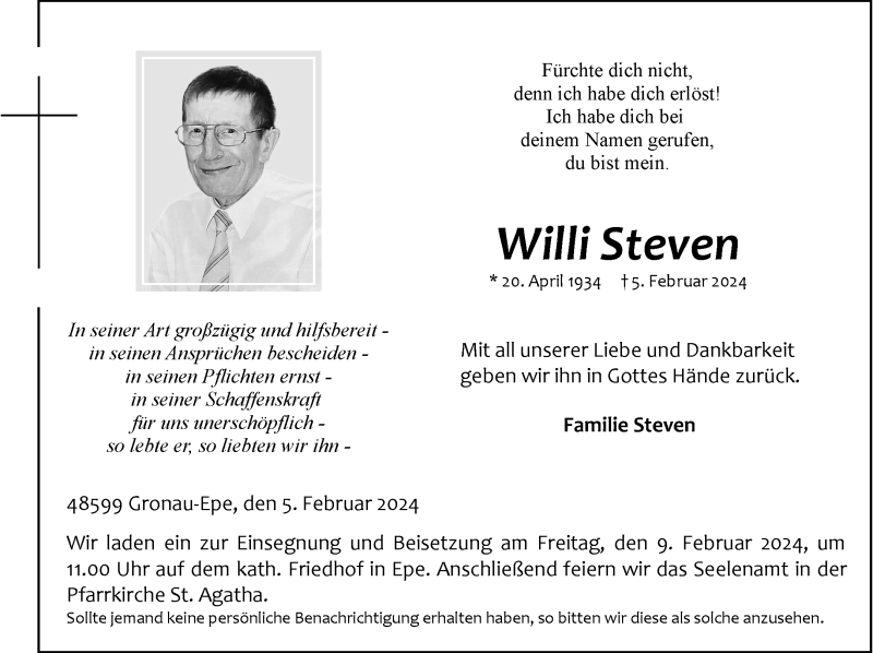  Traueranzeige für Willi Steven vom 07.02.2024 aus 
