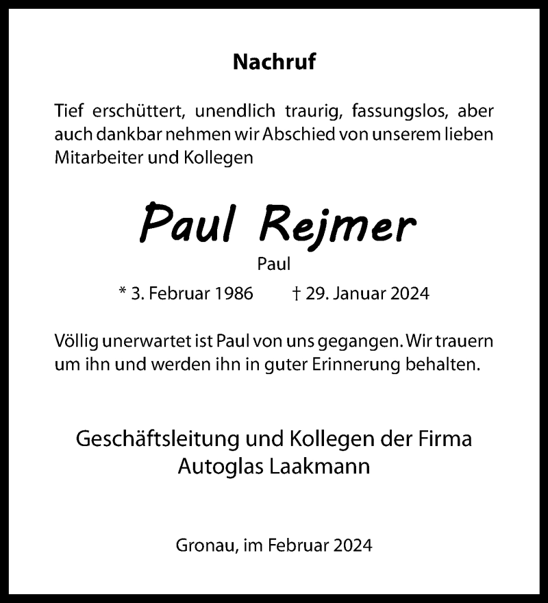  Traueranzeige für Paul Rejmer vom 12.02.2024 aus 
