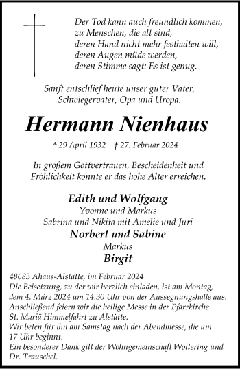 Anzeige von Hermann Nienhaus 