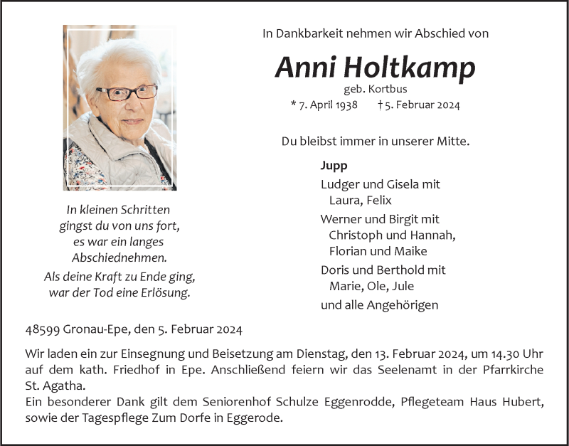  Traueranzeige für Anni Holtkamp vom 08.02.2024 aus 