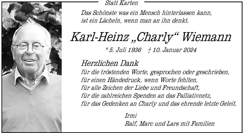  Traueranzeige für Karl-Heinz Wiemann vom 17.02.2024 aus 