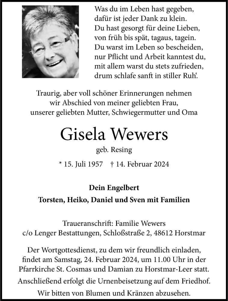  Traueranzeige für Gisela Wewers vom 17.02.2024 aus 