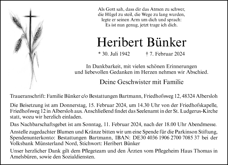  Traueranzeige für Heribert Bünker vom 10.02.2024 aus 