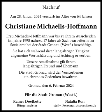 Anzeige von Christiane Michaelis-Hoffmann 