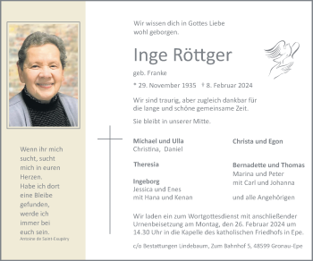 Anzeige von Inge Röttger 