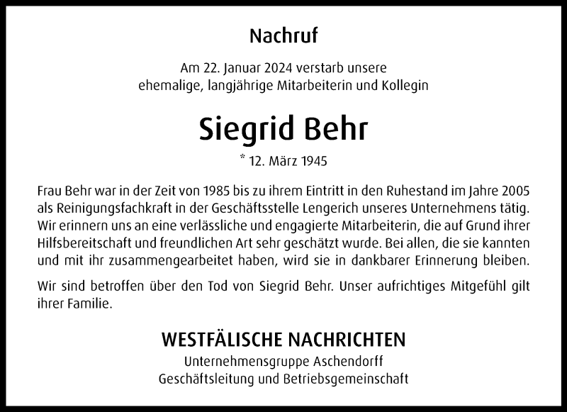  Traueranzeige für Siegrid Behr vom 03.02.2024 aus 