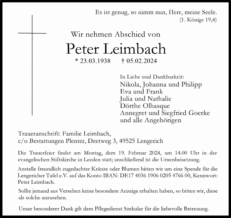  Traueranzeige für Peter Leimbach vom 10.02.2024 aus 