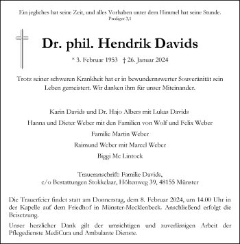 Anzeige von Dr. Phil. Hendrik Davids 