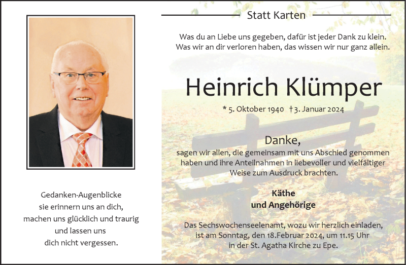  Traueranzeige für Heinrich Klümper vom 10.02.2024 aus 