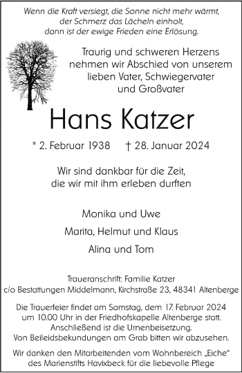 Anzeige von Hans Katzer 