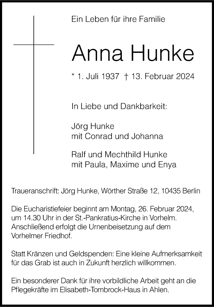  Traueranzeige für Anna Hunke vom 17.02.2024 aus 