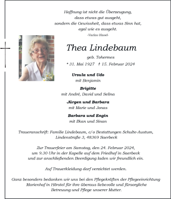Anzeige von Thea Lindebaum 