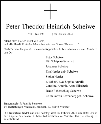 Anzeige von Peter Theodor Heinrich Scheiwe 