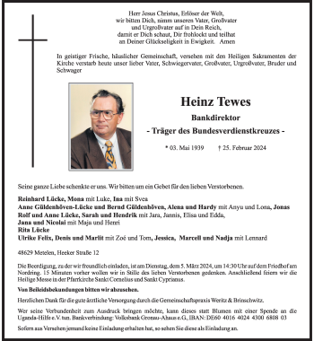 Anzeige von Heinz Tewes 