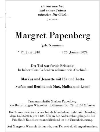 Anzeige von Margret Papenberg 