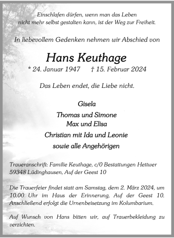 Anzeige von Hans Keuthage 