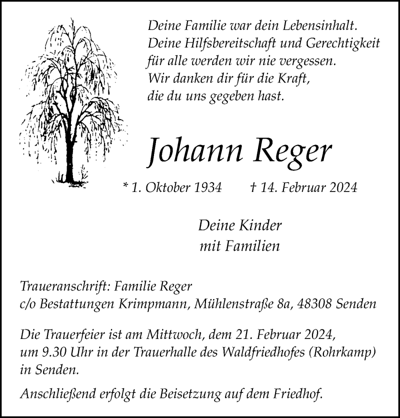  Traueranzeige für Johann Reger vom 17.02.2024 aus 