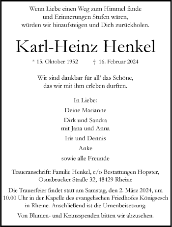 Anzeige von Karl-Heinz Henkel 
