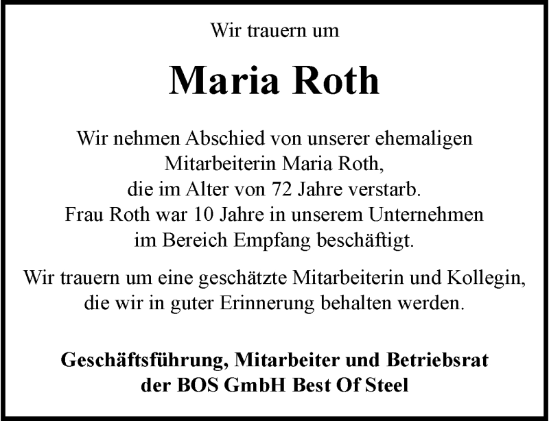  Traueranzeige für Maria Roth vom 03.02.2024 aus 