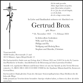 Anzeige von Gertrud Brox 