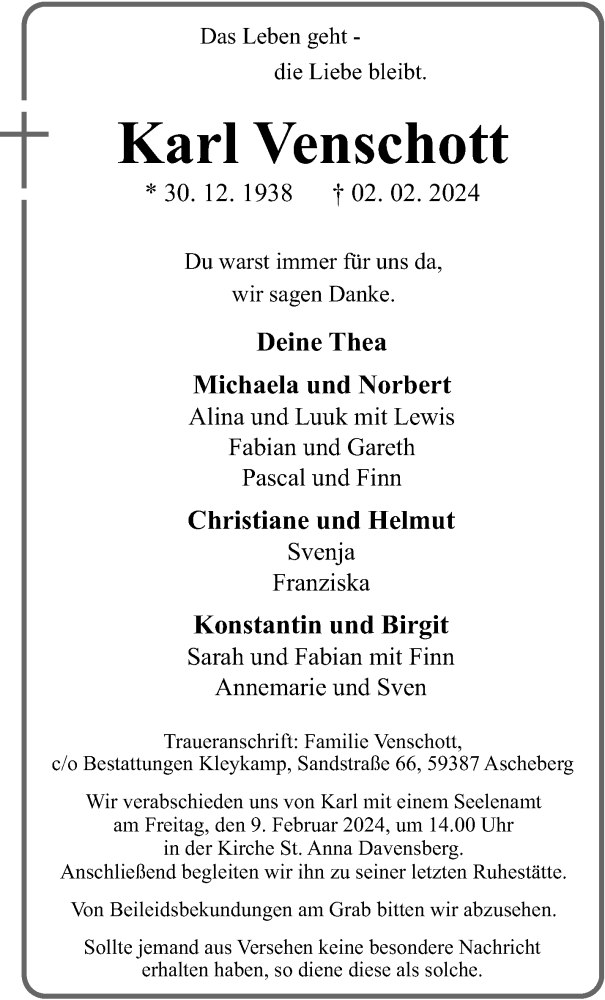  Traueranzeige für Karl Venschott vom 07.02.2024 aus 