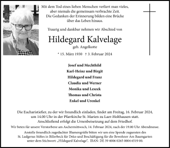 Anzeige von Hildegard Kalvelage 