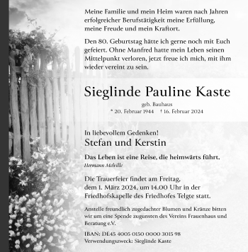 Anzeige von Sieglinde Pauline Kaste 