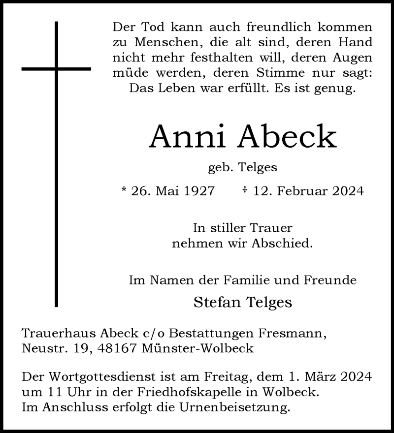  Traueranzeige für Anni Abeck vom 24.02.2024 aus 