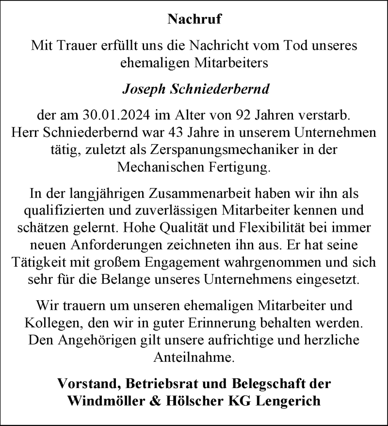  Traueranzeige für Joseph Schniederbernd vom 14.02.2024 aus 