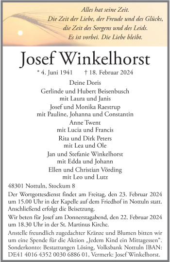 Anzeige von Josef Winkelhorst 