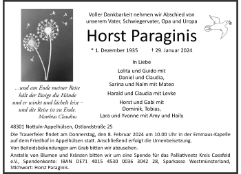 Anzeige von Horst Paraginis 