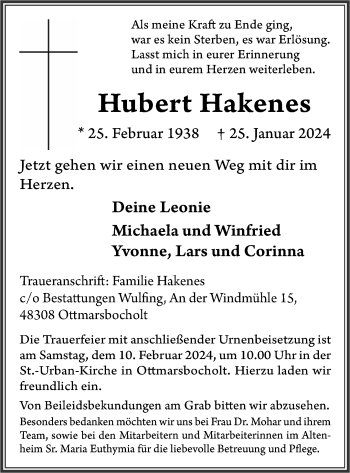 Anzeige von Hubert Hakenes 