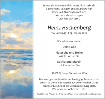 Anzeige von Heinz Hackenberg 