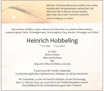 Anzeige von Heinrich Hobbeling 