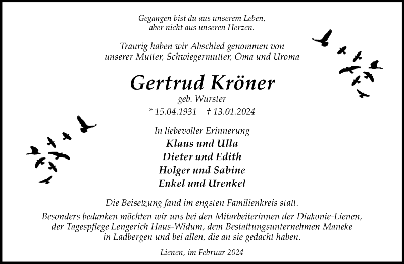  Traueranzeige für Gertrud Kröner vom 10.02.2024 aus 