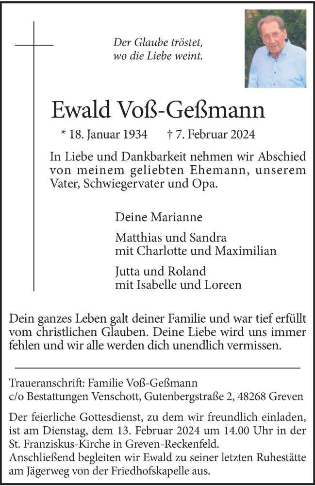  Traueranzeige für Ewald Voß-Geßmann vom 10.02.2024 aus 