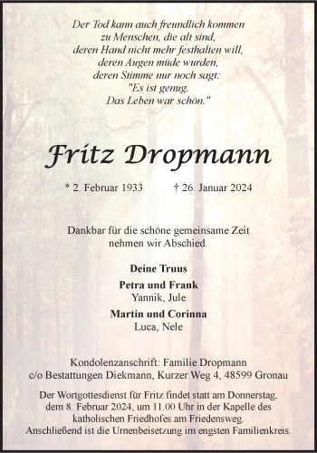 Anzeige von Fritz Dropmann 