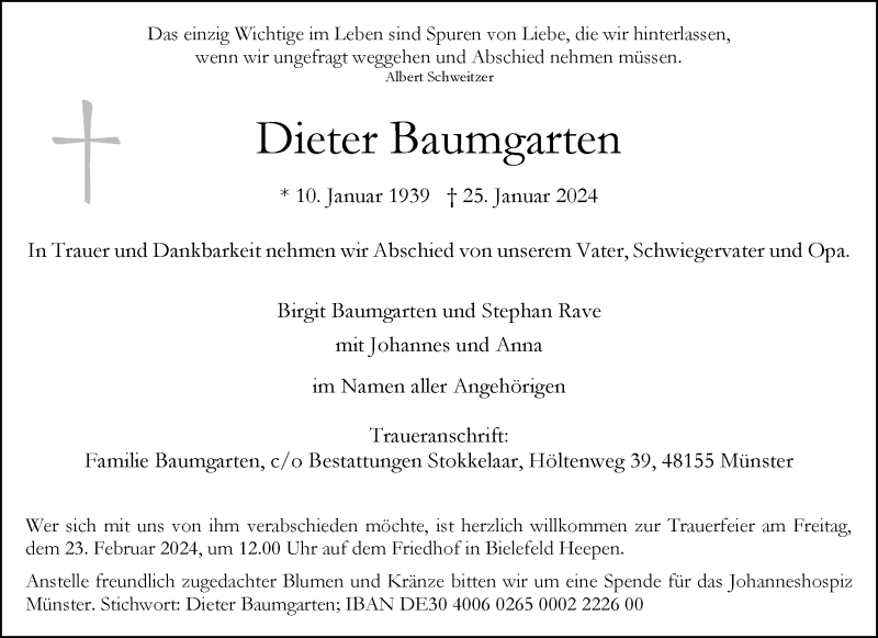  Traueranzeige für Dieter Baumgarten vom 03.02.2024 aus 