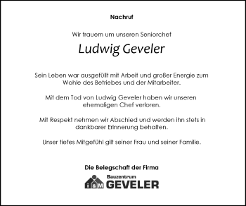 Anzeige von Ludwig Geveler 