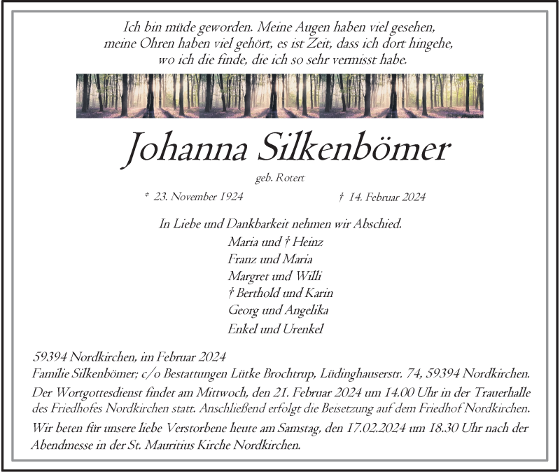  Traueranzeige für Johanna Silkenbömer vom 17.02.2024 aus 