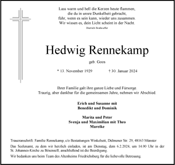 Anzeige von Hedwig Rennekamp 