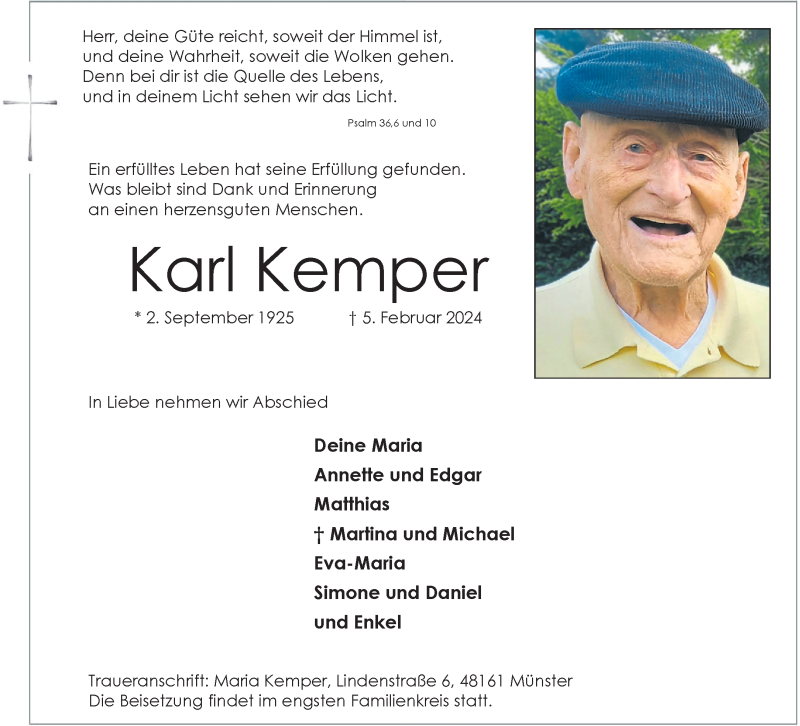  Traueranzeige für Karl Kemper vom 10.02.2024 aus 