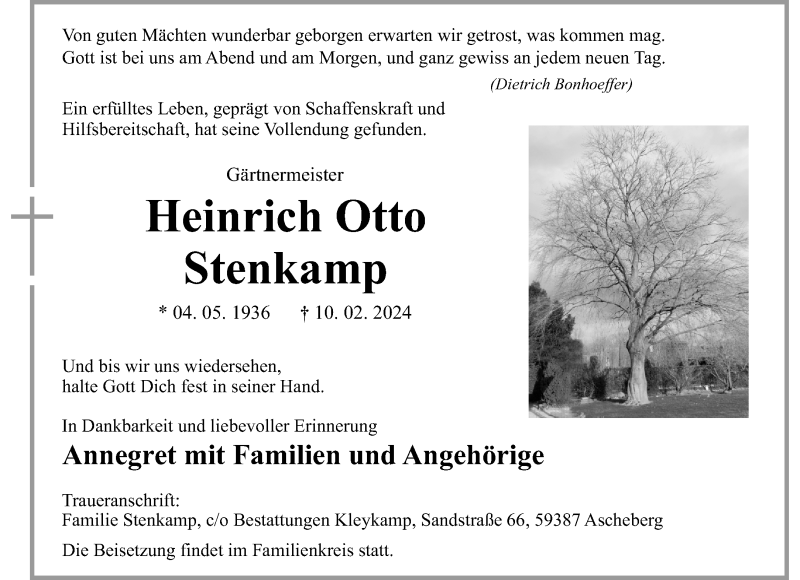  Traueranzeige für Heinrich Otto Stenkamp vom 17.02.2024 aus 