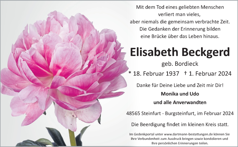  Traueranzeige für Elisabeth Beckgerd vom 07.02.2024 aus 