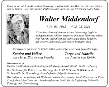 Anzeige von Walter Middendorf 
