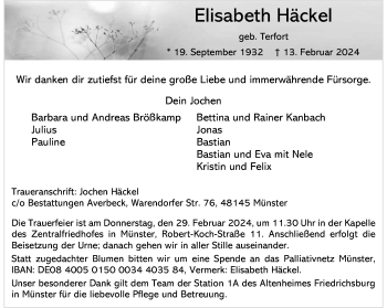 Anzeige von Elisabeth Häckel 