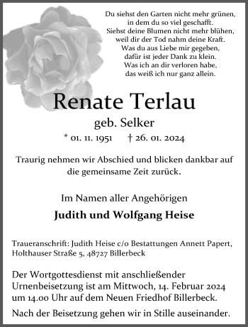 Anzeige von Renate Terlau 