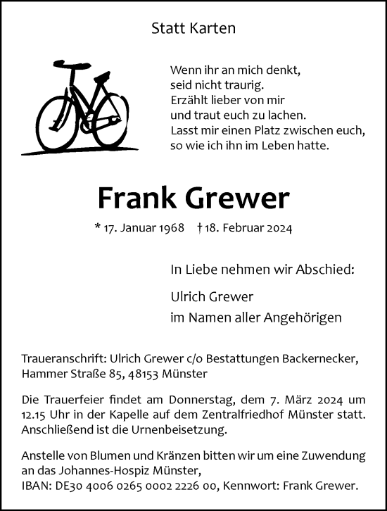 Anzeige von Frank Grewer von Westfälische Nachrichten