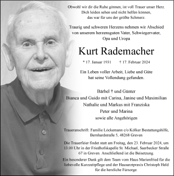 Anzeige von Kurt Rademacher 