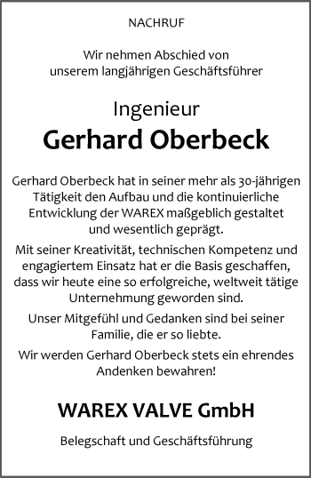 Anzeige von Gerhard Oberbeck 